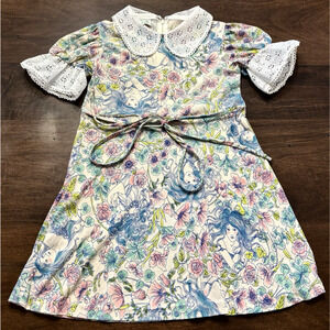 Vtg Kate Greenaway Dress Girl Sz 7 Mermaid Flower Print Peter Pan Collar Cottage